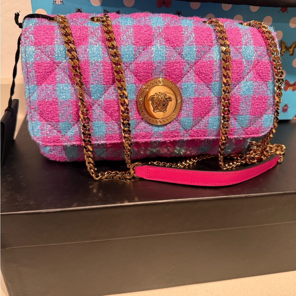 Versace tweed Pink and Blue Checkered Bag